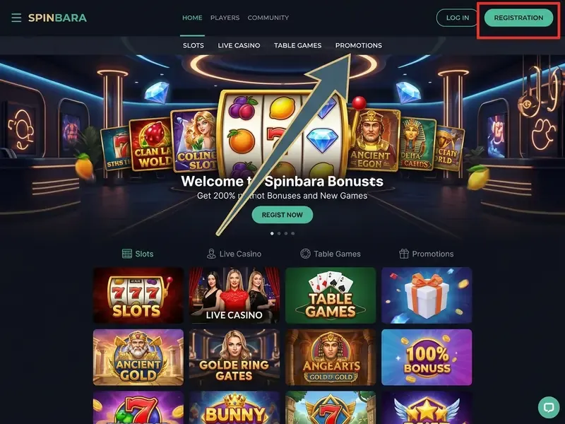 Spinbara casino sign up, lokalizacja przycisku rejestracji w prawym górnym rogu strony
