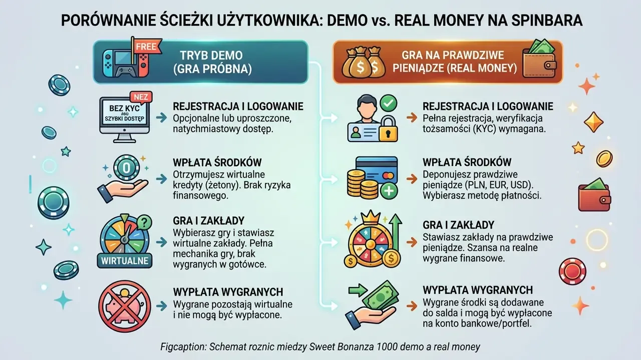 Schemat roznic miedzy Sweet Bonanza 1000 demo a real money